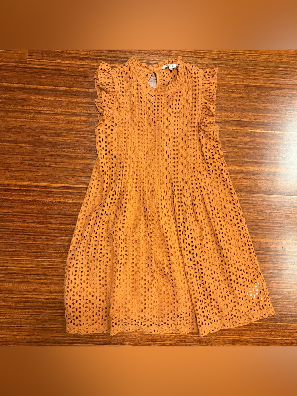 Madewell Eyelet Ruffle-Sleeve Pintuck Mini Dress - Mulled Cider, Size XS Boho